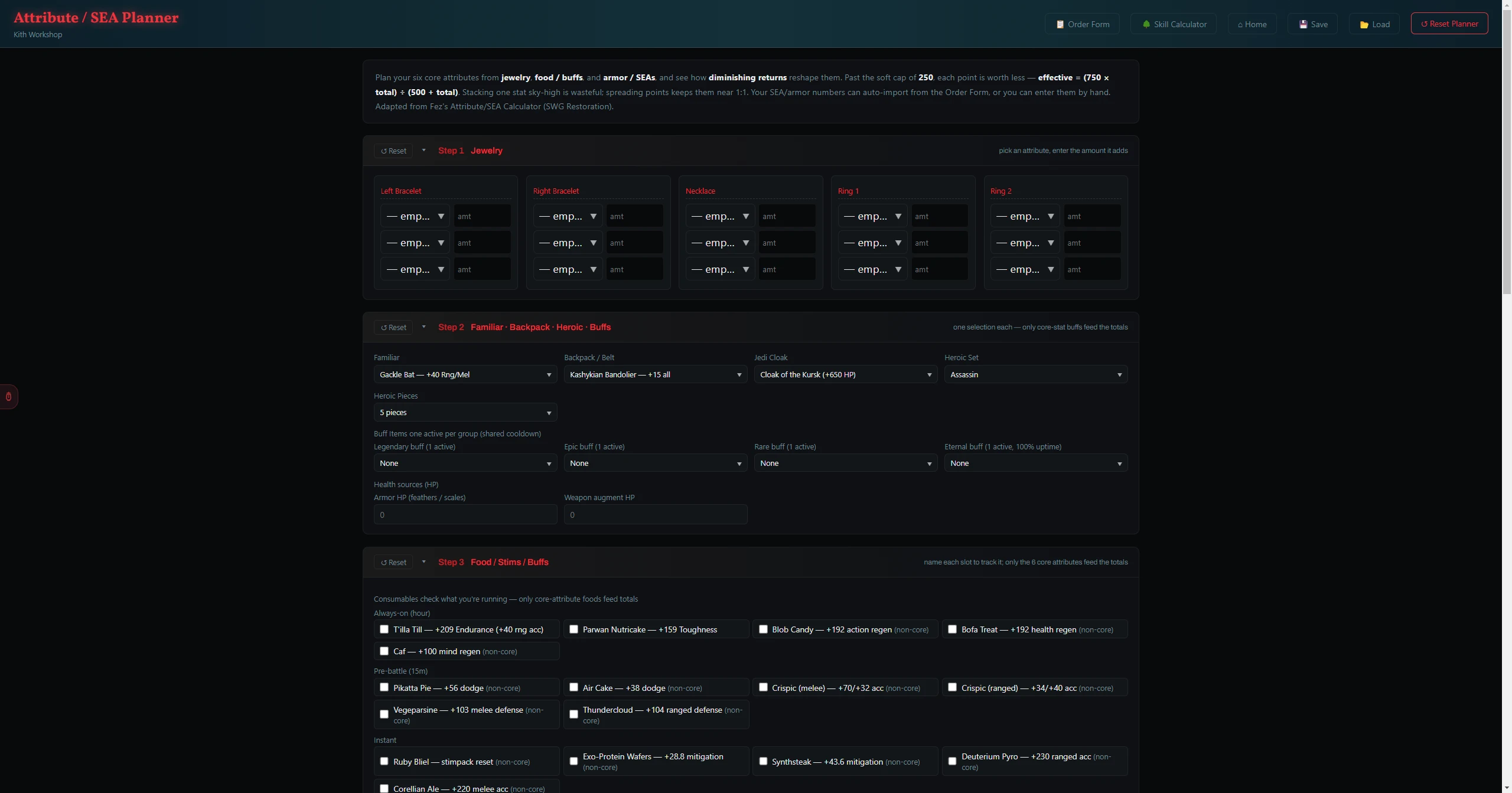 The Attribute Planner — your effective stats after diminishing returns.