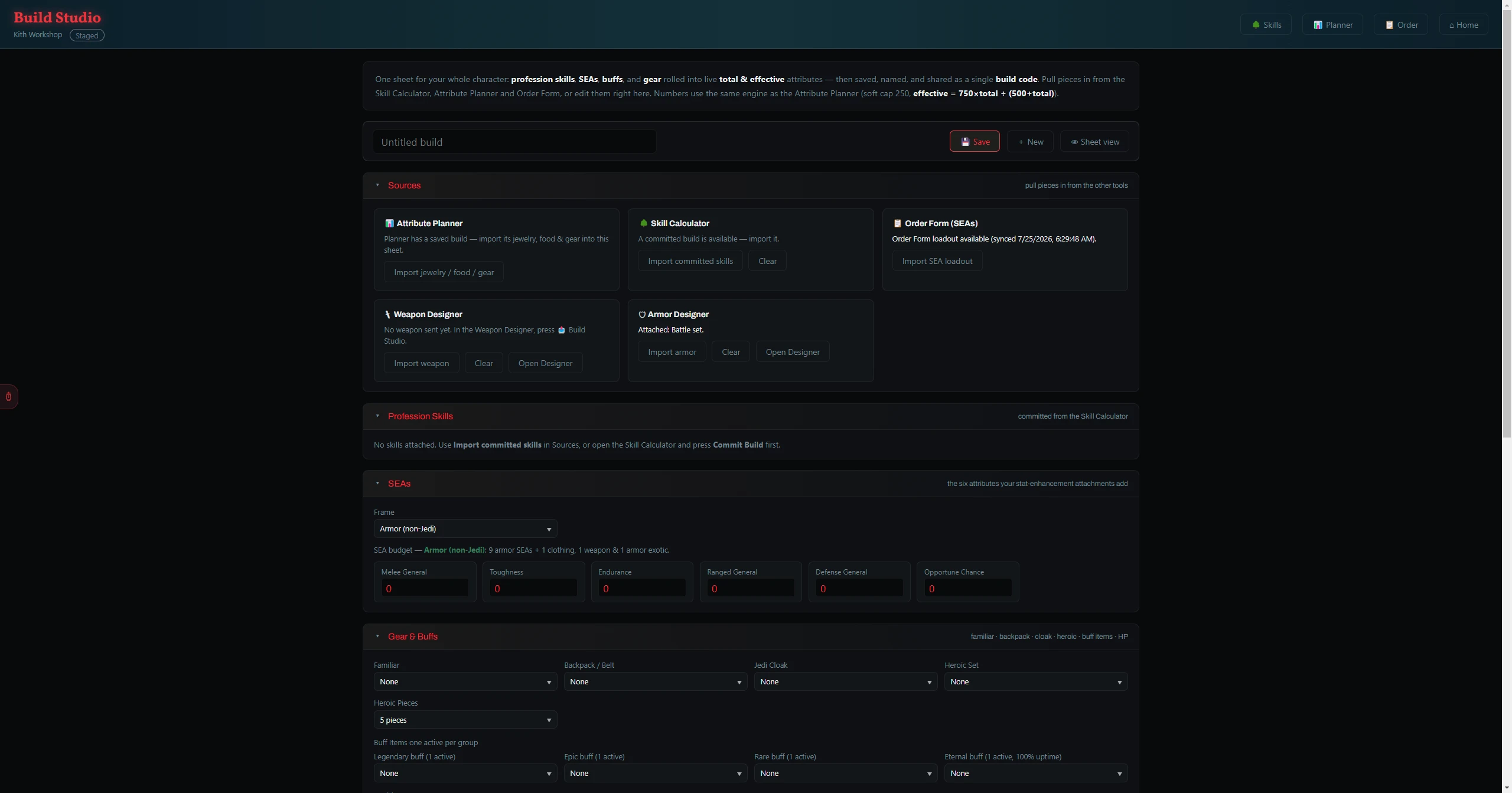 Build Studio — skills, SEAs, buffs and gear resolved onto one sheet.