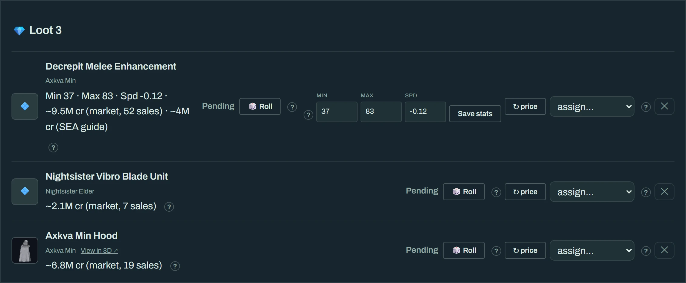 A recorded drop with its stats, price and leader controls.