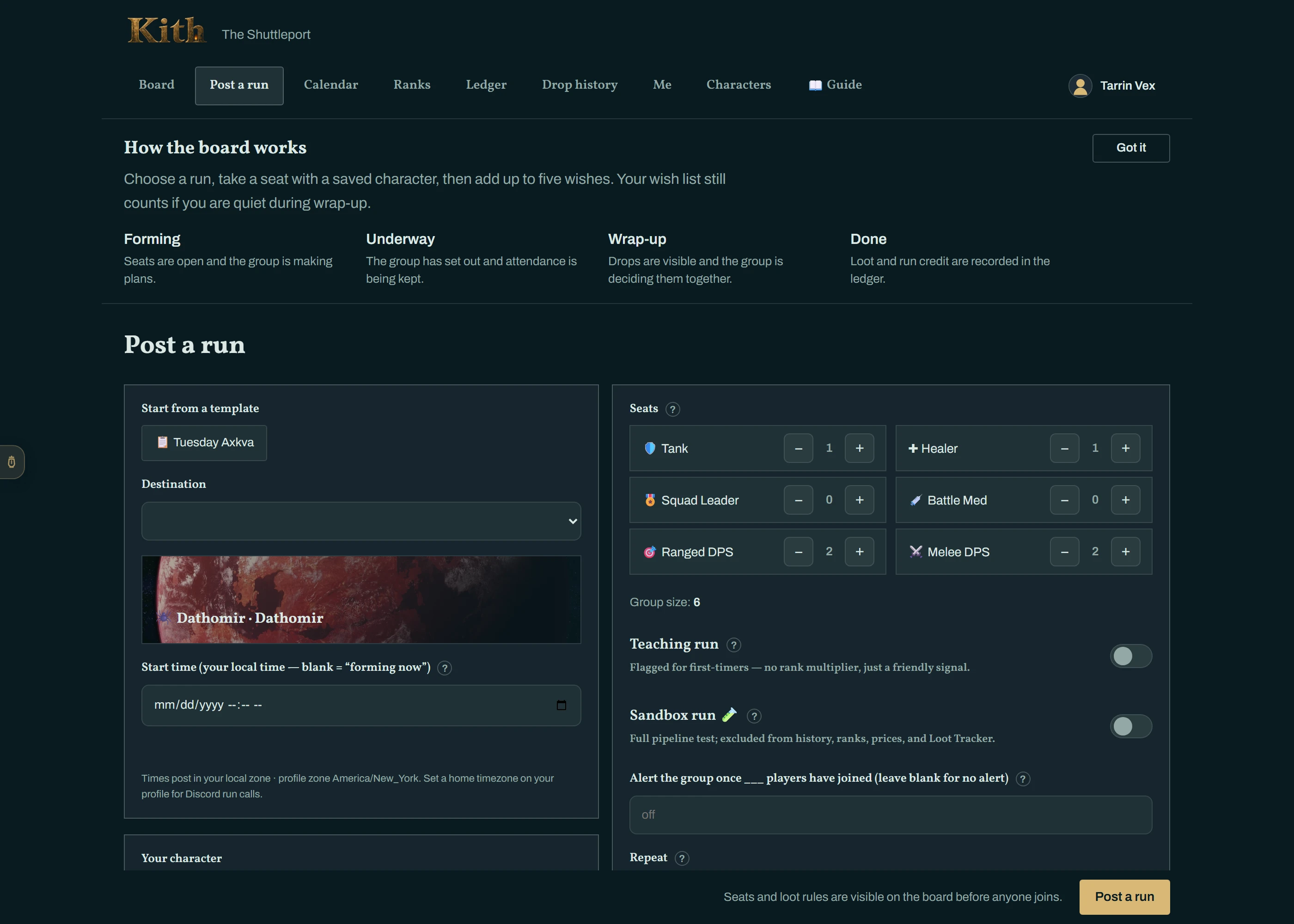 Post a run — instance, time, seats and notes.