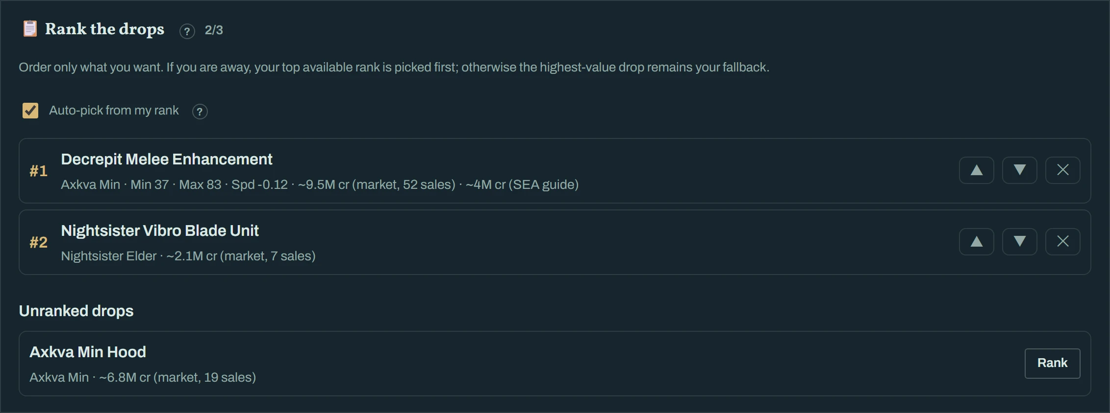 Rank the drops — each drop with its boss, stats and price; drag to order; auto-pick switch.