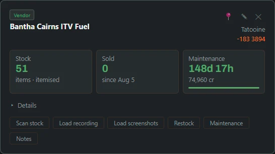 A vendor card. Stock, sales since tracking began, and maintenance across the top; the row of buttons underneath is where every capture route starts.