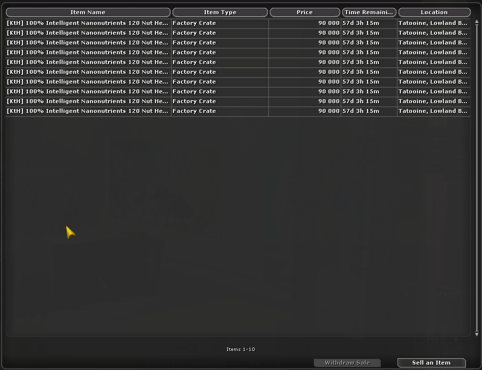 Ten rows, one price, one time remaining — the Workshop reads that as a single batch of ten. Every row is on screen and the footer agrees, so this capture covers the whole vendor.