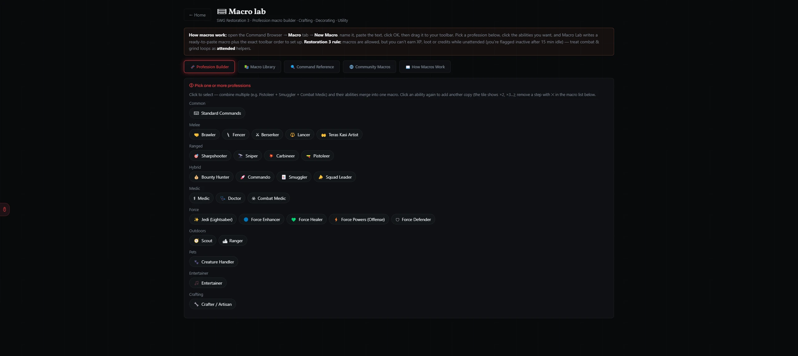 The Macro Lab — pick a profession, click abilities, copy out a paste-ready macro.