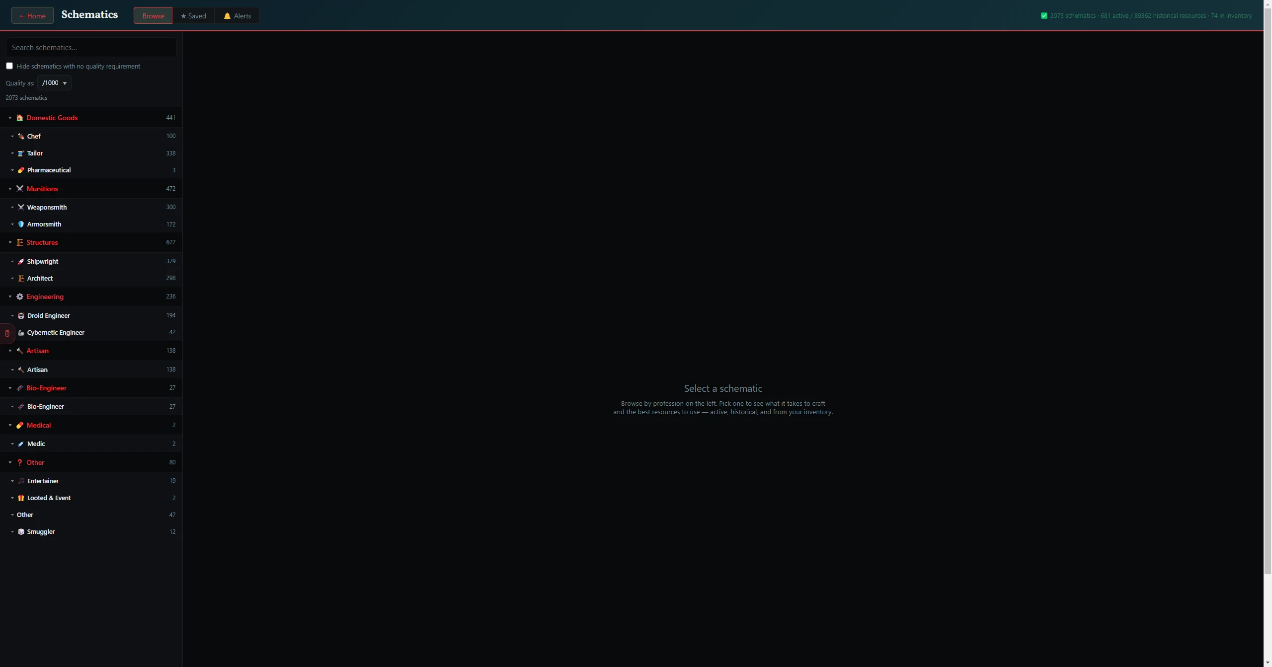 The Schematic Browser — every schematic by profession, with ingredients and stat ranges.