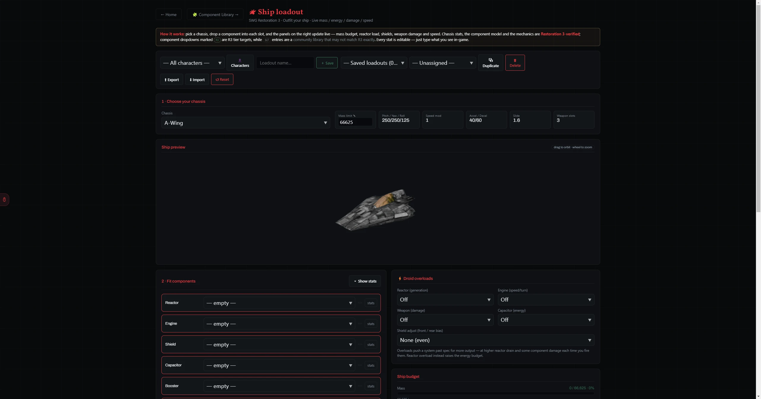 The Ship Loadout builder — outfit a chassis slot by slot with live mass and energy.