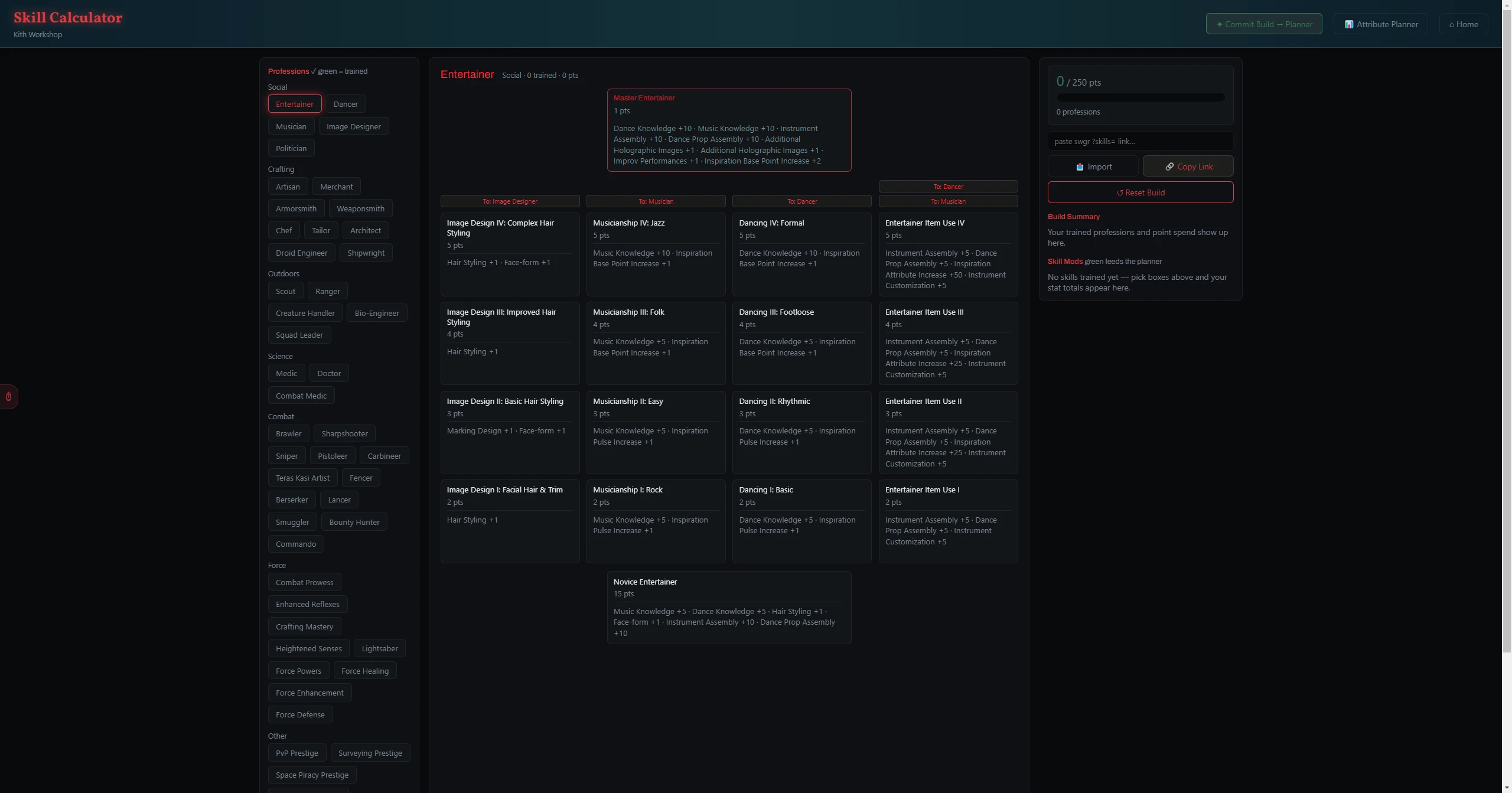 The Skill Calculator — build a template and watch the 250-point budget.