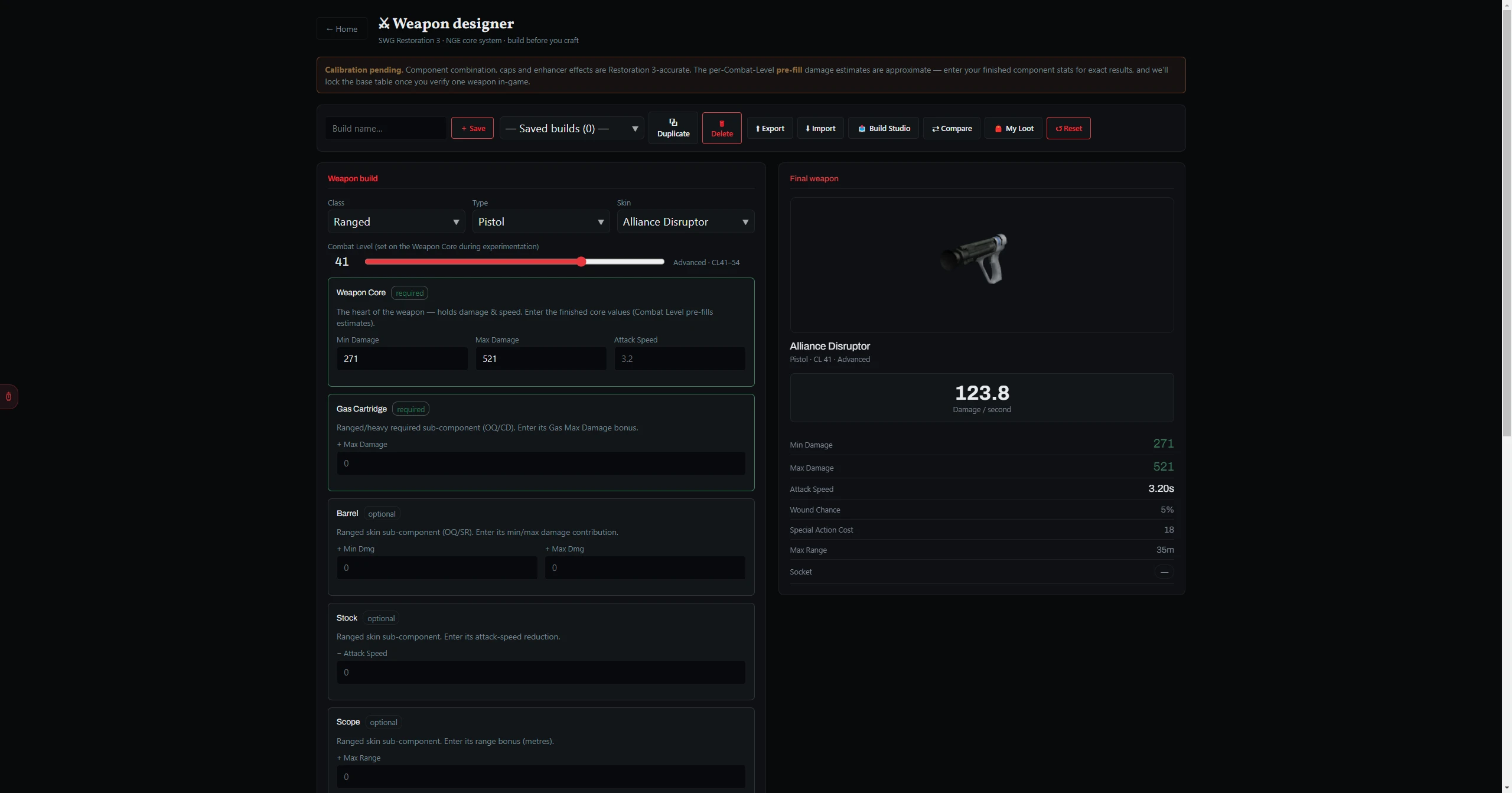 The Weapon Designer — assemble the parts and read the finished weapon before you craft it.