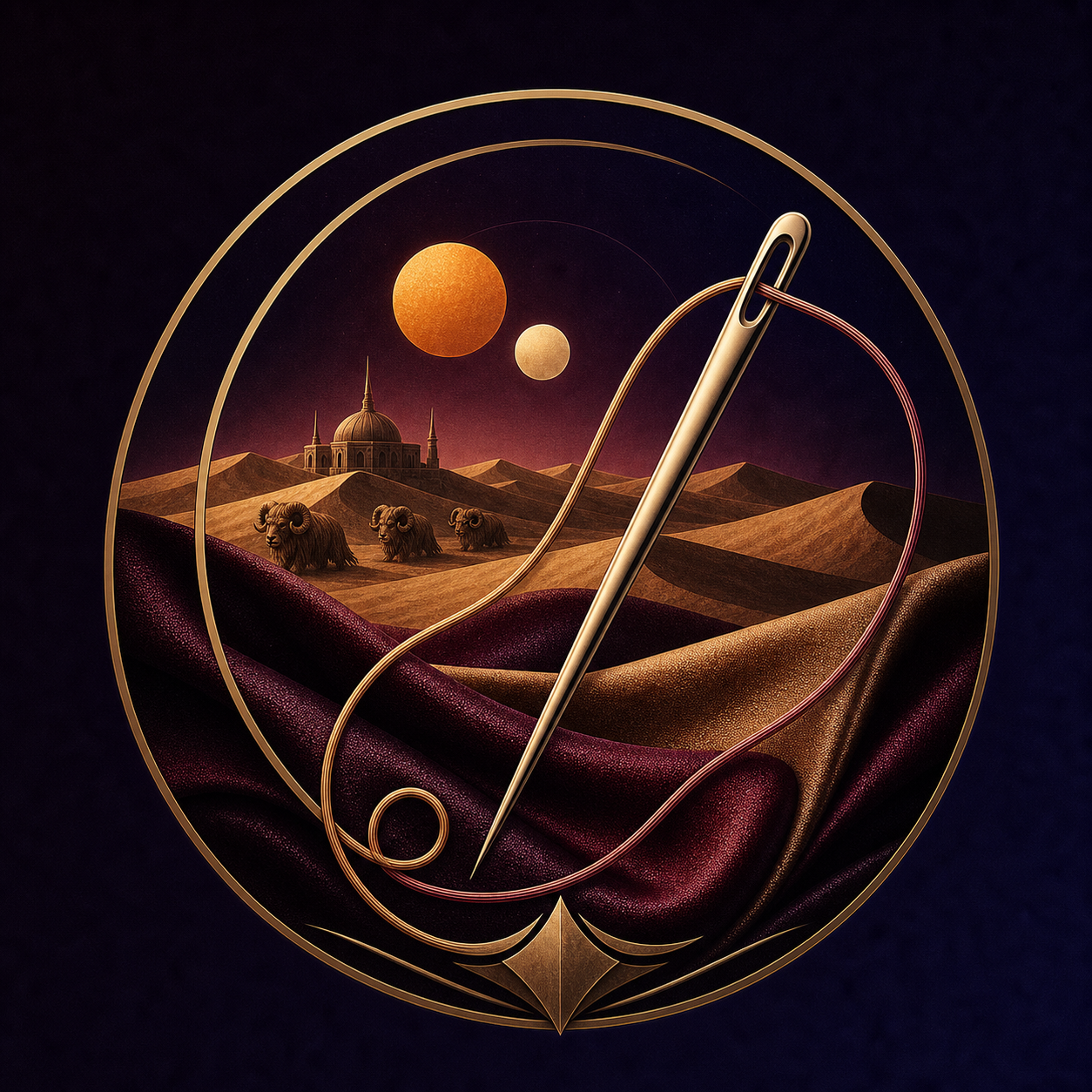 Laschana's Tailor Studio emblem — a threaded needle over dune seas