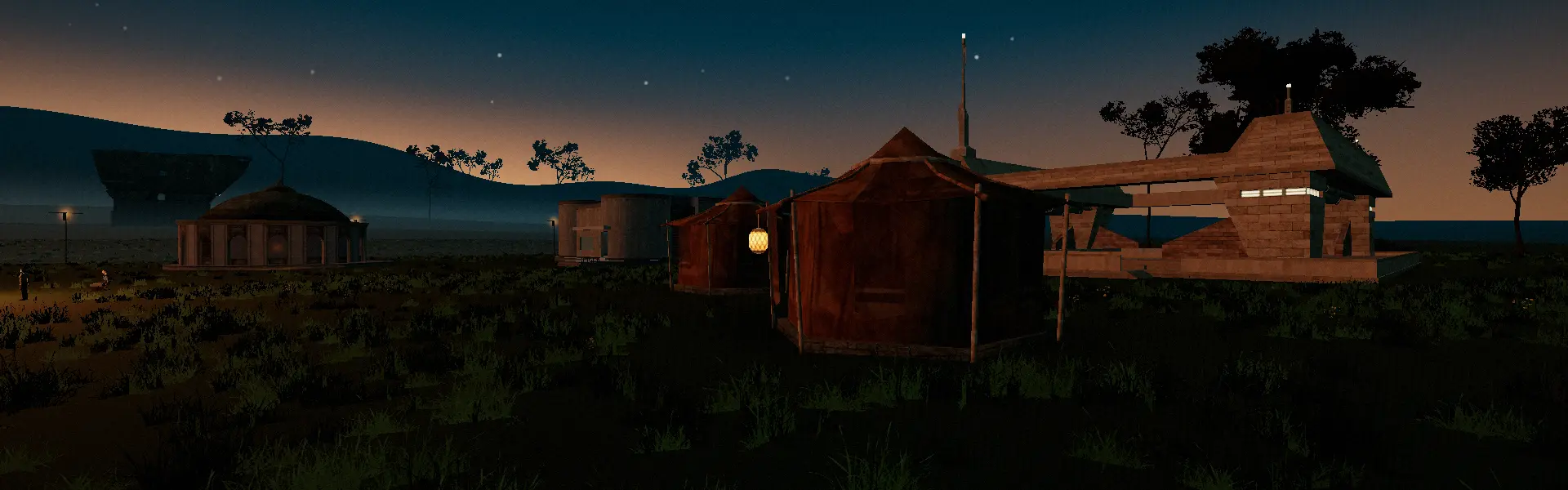 The merchant tents at the edge of the Kith commons at dusk, one lantern lit.
