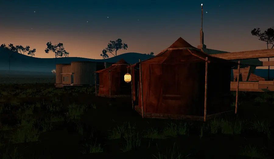 The merchant tents at the edge of the Kith commons, lantern lit.