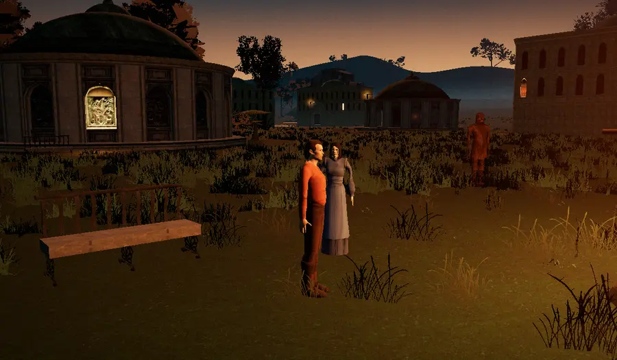 Two villagers dressed for the evening, standing by the bench on the Kith commons.