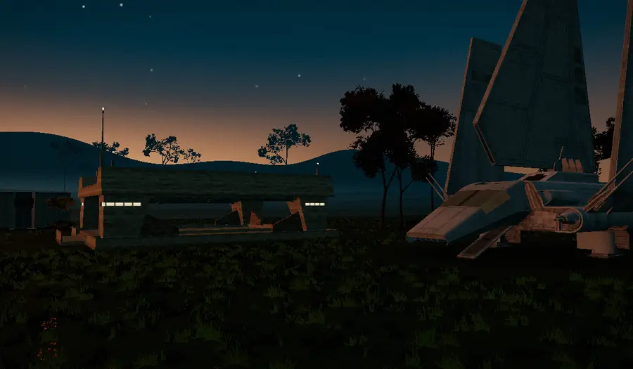 A lambda shuttle parked on the apron beside the Kith shuttleport, pad lights on at dusk.